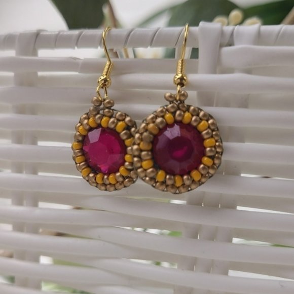 Pink And Orange Bohemian Beaded Mini Earrings - Picture 1 of 12